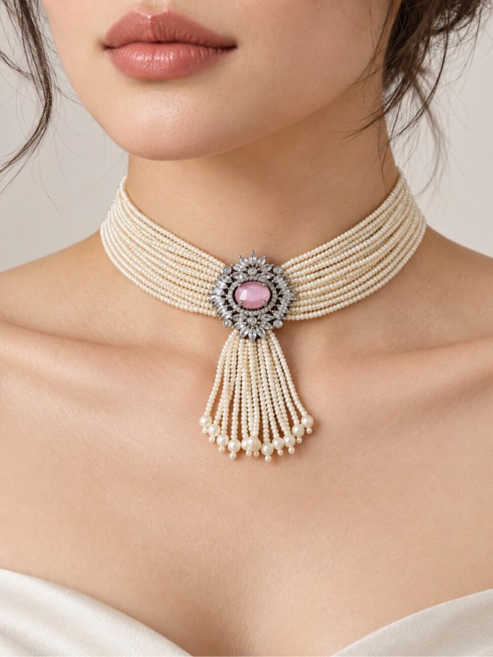 Pearl Multi Strand Choker Necklace Crystal Pink Stone Pendant